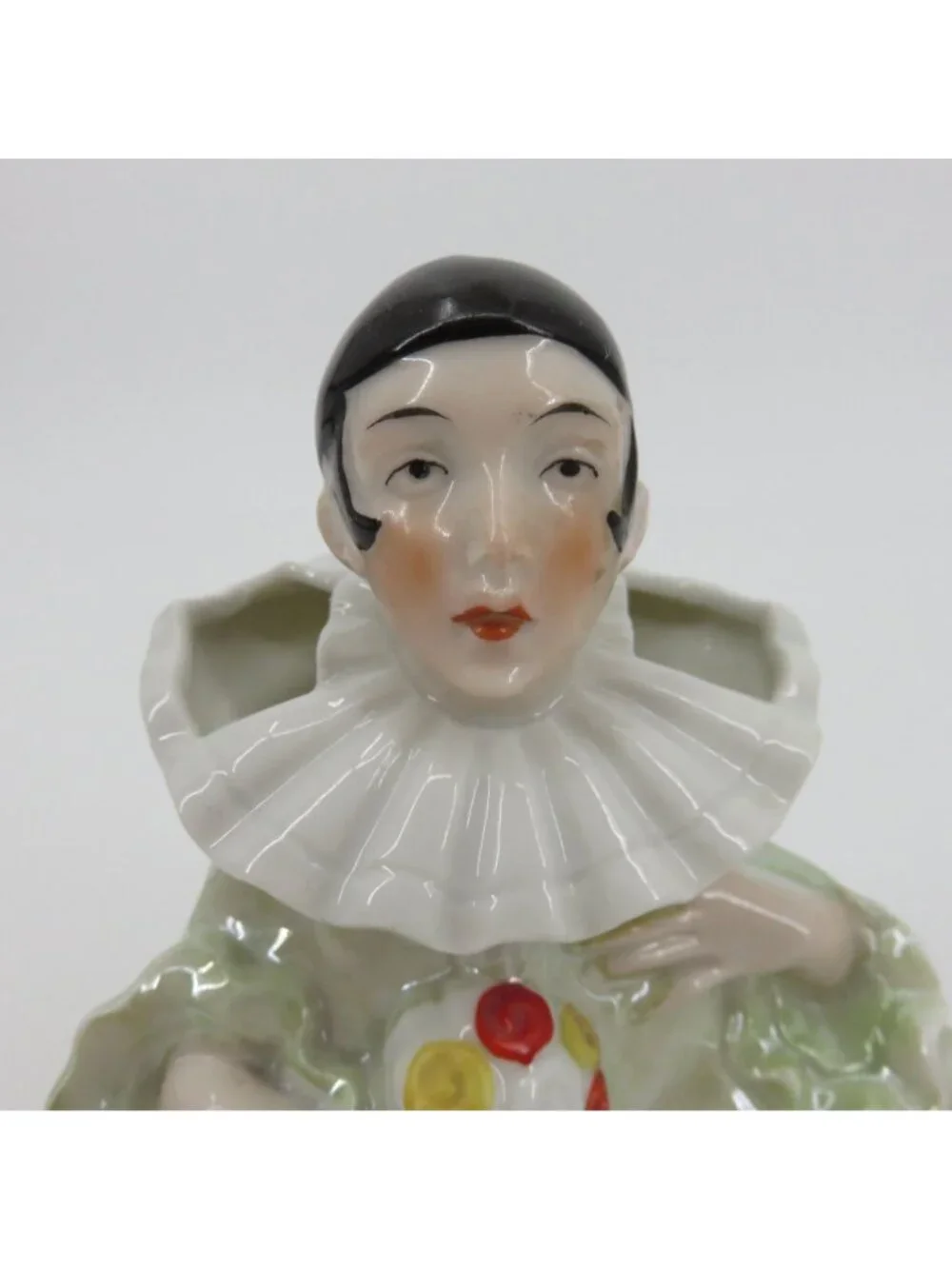 VTG Pierrot Clown Porcelain Double Opening Vase Green Red Yellow Iridescent MCM